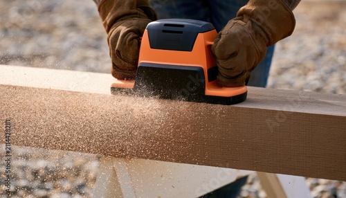 Person wearing gloves uses an electric sander on a wooden board, creating dust