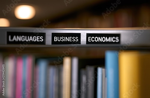 Shelves with labels Languages, Business, Economics, filled with colorful books