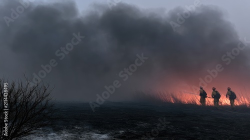 Firefighters battle a fierce wildfire, illuminated by flames, shrouded in smoke