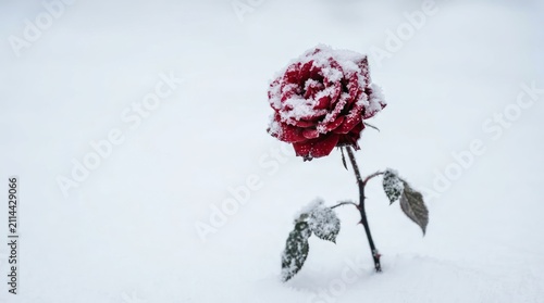 A Single Red Rose Covered in Snow in a Winter Landscape.