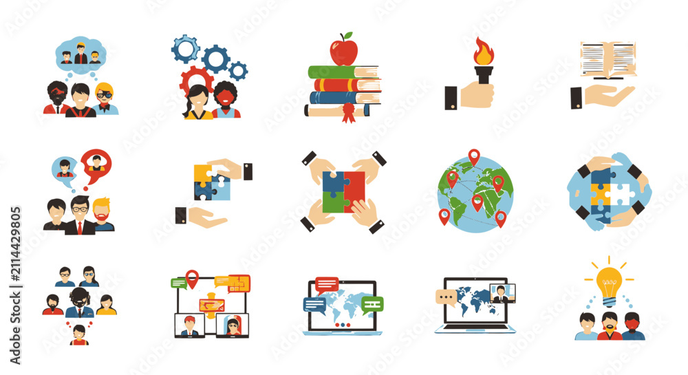 Fototapeta premium Education and business teamwork flat vector icon set