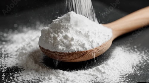 White flour is poured onto a wooden spoon over a dark surface