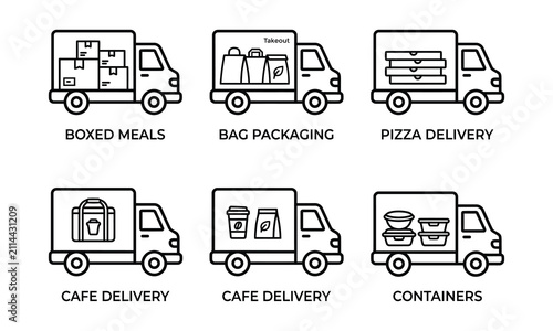 Set of delivery truck icons showing various types of cargo and goods