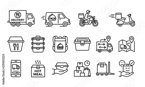 Set of thin line icons for food delivery and logistics services