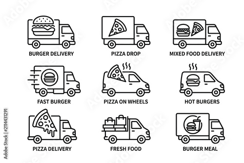 Set of various food truck icons for fast food delivery services
