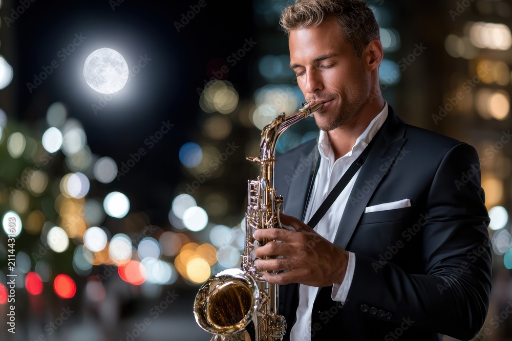 Fototapeta premium Musician plays saxophone under moonlight in urban setting at night