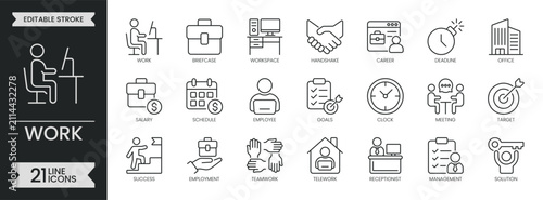 Work outline icon set. Containing employment, management, telework, career, business, office, workplace, salary, target, teamwork, solution and more. Editable stroke symbols pack. Vector illustration