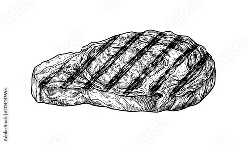 Cuadro en lienzo Elegant Grilled Steak Line Art Vector Illustration with Gourmet BBQ Meat Engravi
