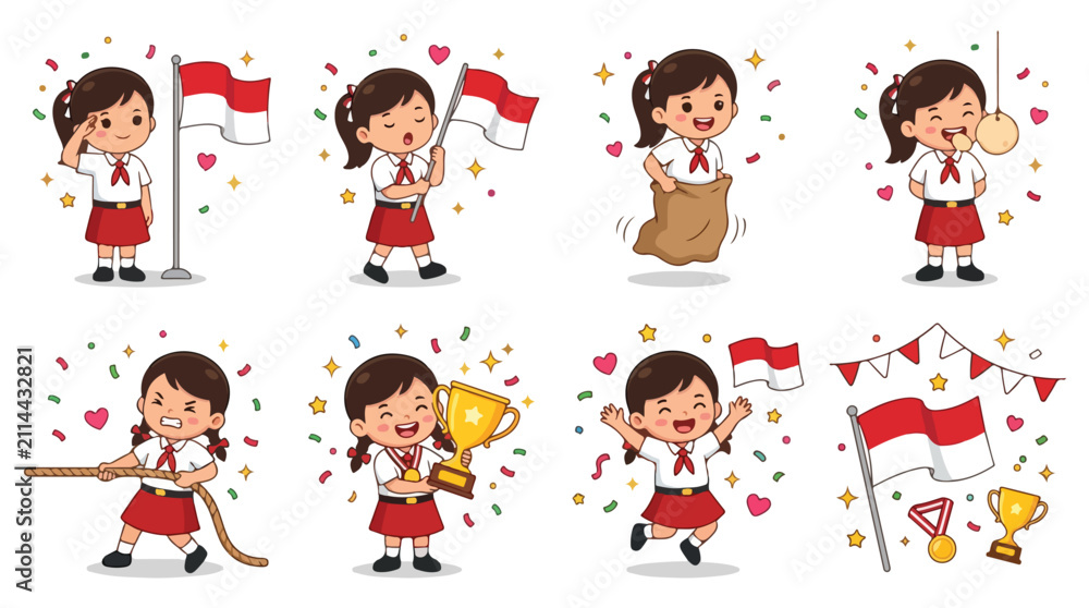 Fototapeta premium Indonesian school girl character set celebrating independence day with traditional games flag ceremony and trophy