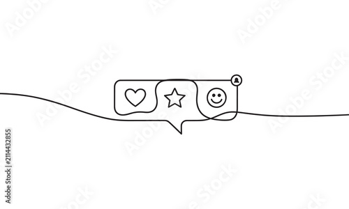 Continuous single line of a speech bubble containing a heart, a star, and a smiley face, isolated on a white background, social media feedback and user interaction concept