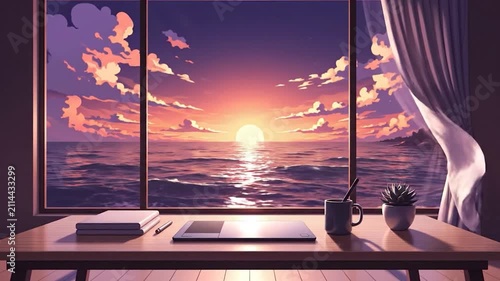 A peaceful workspace overlooks a beautiful ocean sunset