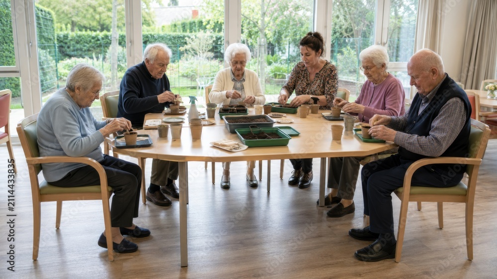 Fototapeta premium Therapeutic gardening workshop in a nursing home with seniors and caregivers