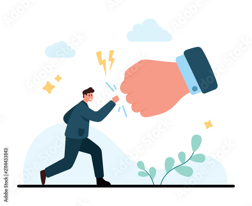 Businessman pushes back against a giant fist, showing workplace pressure, conflict, resistance, and courage in a flat monochrome scene isolated on white background vector illustration