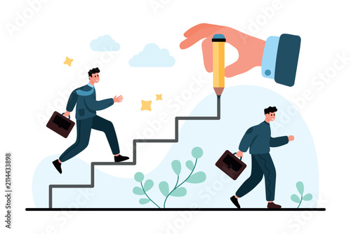 Businessman climbs drawn stairs toward career growth while another walks below, showing promotion success and fail concept in a clean flat design vector illustration