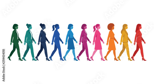 Obraz na płótnie Silhouettes Of Walking Women In Suits A Colorful Spectrum Against A White Backgr