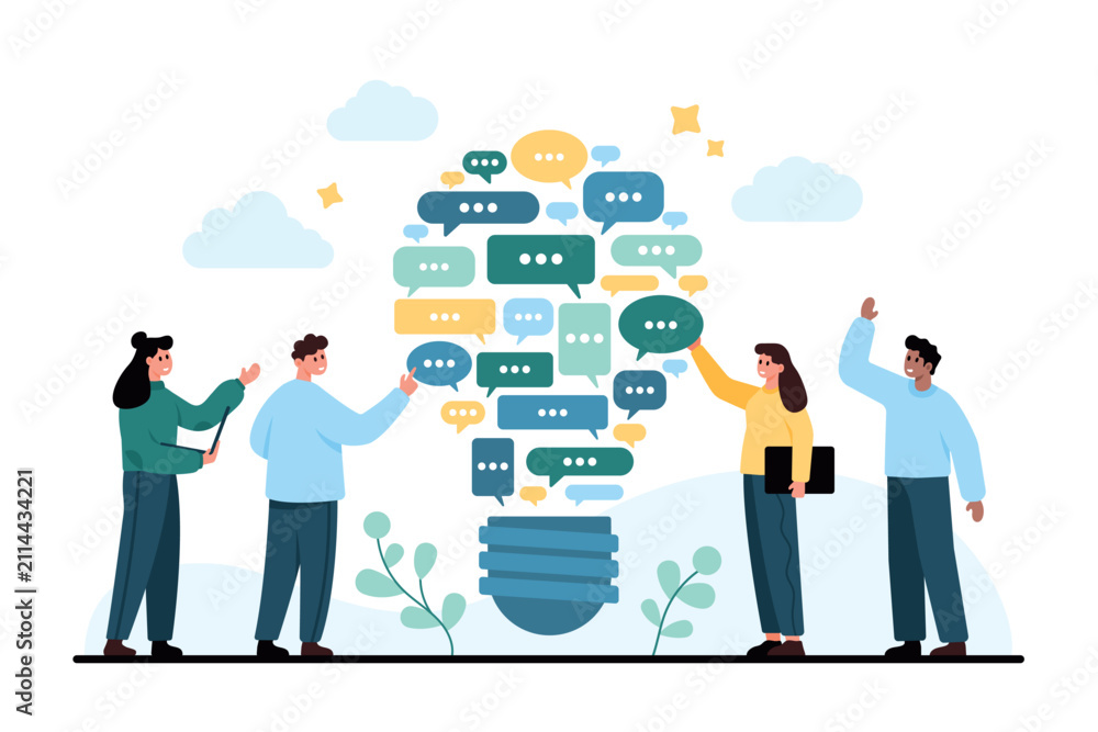 Naklejka premium People exchanging messages around a glowing light bulb, showing communication, teamwork, brainstorming and idea sharing in a modern flat design isolated on white background vector illustration