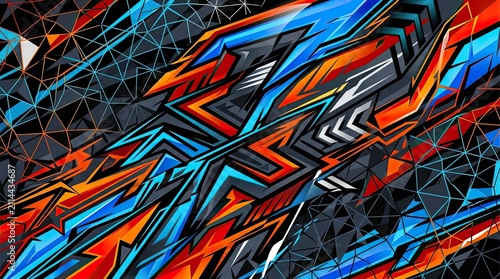 Complex red and blue tech shards on wireframe background.