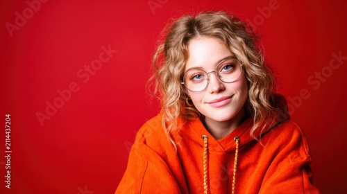 A young woman wearing a cozy orange hoodie positively smiles with a playful expression, set against a vivid red background that enhances her charming personality and warmth.