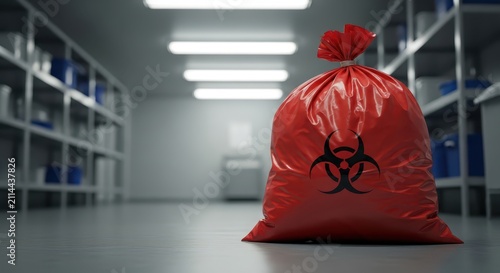 Biohazard waste bag with biohazard symbol in a sterile laboratory or storage room
