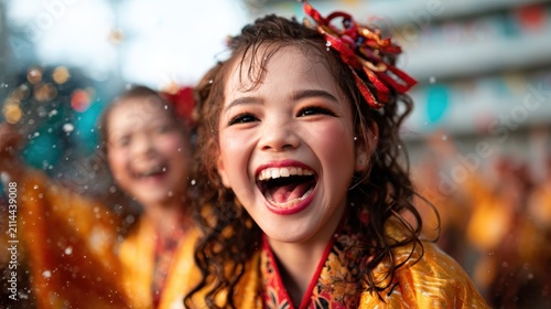 A happy girl adorned in vibrant festival attire dances joyfully amongst a group, capturing the essence of celebration, culture, and youthful exuberance at a festive event.