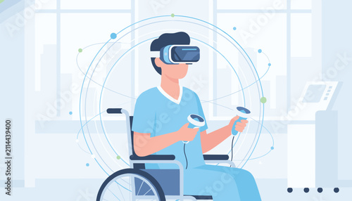 Disabled man in a wheelchair using virtual reality headset and hand controllers for interactive rehabilitation.