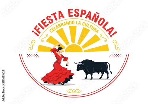 Flamenco dancer and bull Spanish fiesta celebration.
