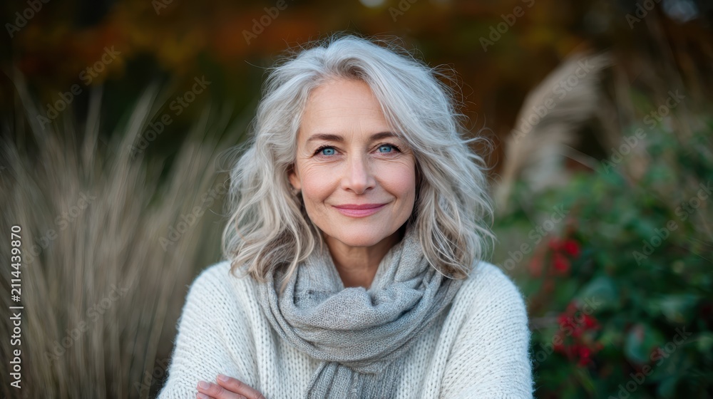 Obraz premium A poised mature woman with flowing hair poses gracefully outdoors, embodying confidence and natural beauty amidst a lush and vibrant natural backdrop.