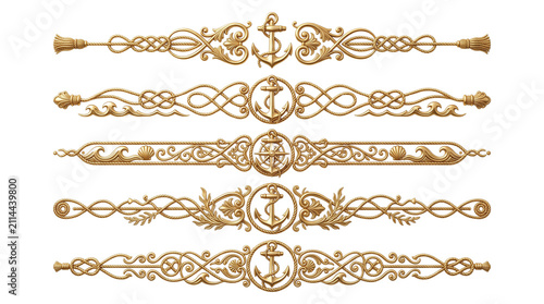 Vintage nautical dividers with golden anchor motifs, set of 5 ornate maritime borders, elegant gold filigree decorative elements for luxury stationery isolated PNG with Transparent Background