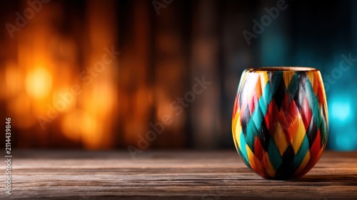 A beautifully crafted cup featuring intricate colorful patterns stands out against a warm blurred background, symbolizing artistry and cultural craftsmanship.