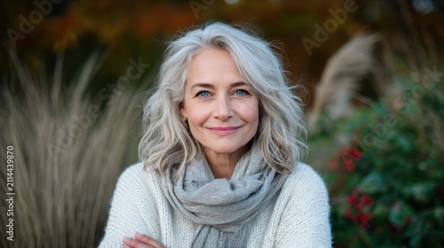 A poised mature woman with flowing hair poses gracefully outdoors, embodying confidence and natural beauty amidst a lush and vibrant natural backdrop.