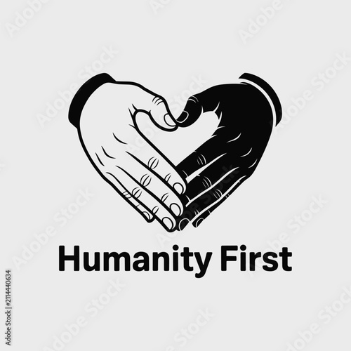Diverse hands forming a heart shape with 'Humanity First' text below symbolizing unity and compassion