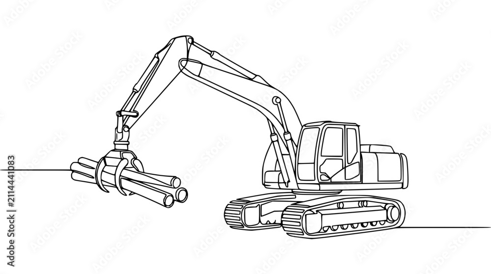 Fototapeta premium Excavator with Hydraulic Grabber Lifting Pipes, Continuous Line Drawing