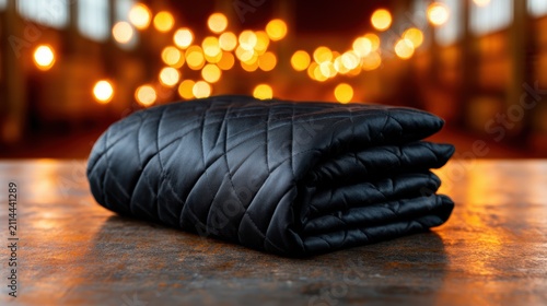 A neatly folded black blanket resting on a wooden surface creates a cozy atmosphere, perfect for invoking feelings of comfort and warmth in a serene environment.