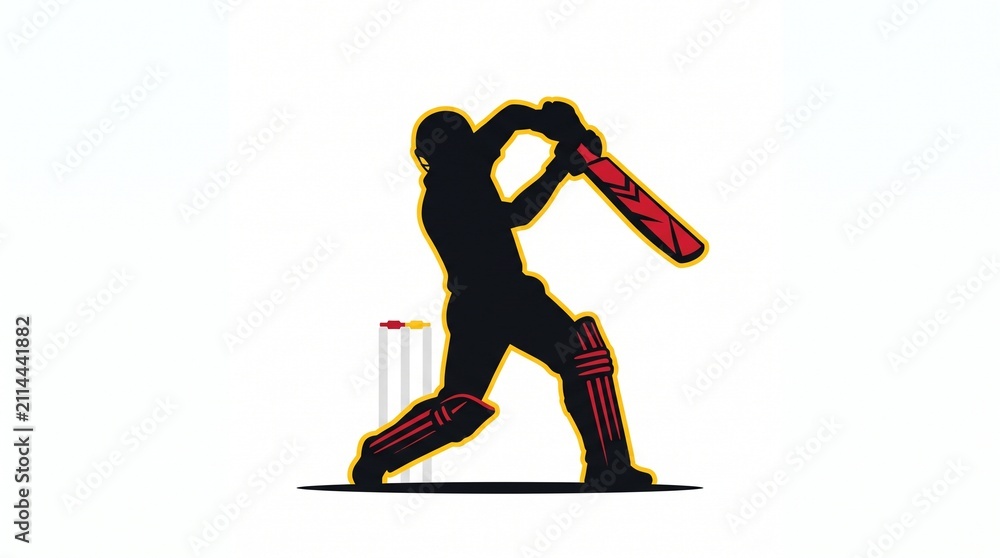 Naklejka premium Cricket player silhouette hitting ball. Athlete swinging bat in a professional match.