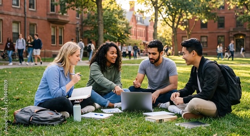 Multiethnic group of students sitting on university campus lawn with laptop. Woman and man students working on study project. Education, teamwork and college life together on sunny day.