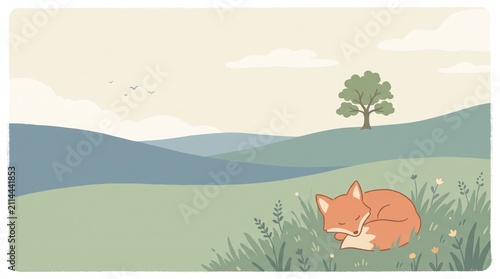 Sleeping Fox in a Peaceful Meadow Illustration With Rolling Hills, Tree and Pastel Landscape