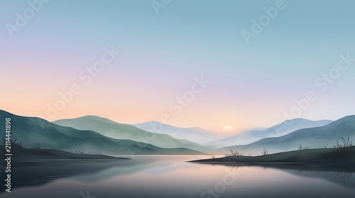 Serene Misty Mountain Sunrise Over Calm Lake With Pastel Sky and Soft Reflections