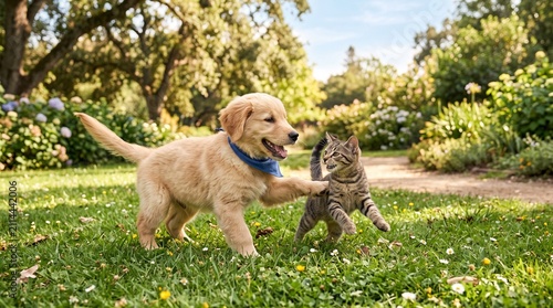 Playful Puppy And Curious Kitten Running Together On Grass In Sunny Park