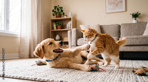 Playful Golden Retriever Puppy And Orange Tabby Cat Playing Together On Living Room Rug