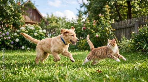 Playful Puppy And Kitten Chasing Each Other Across A Sunny Backyard Garden Lawn