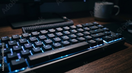 Backlit Mechanical Keyboard on Wooden Desk in Cozy Nighttime Workspace With Coffee Mug
