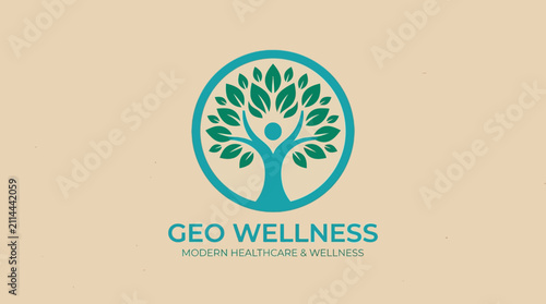 Geo Wellness logo with a vibrant green tree and human figure inside a teal circle, symbolizing holistic health and nature.