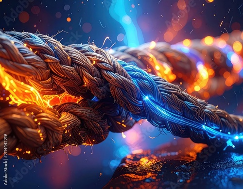 Braided rope entwined with vibrant blue and fiery orange energy trails