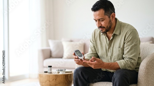 Hispanic man checking blood glucose with a glucometer at home in a bright living room, managing diabetes during a quiet self care routine