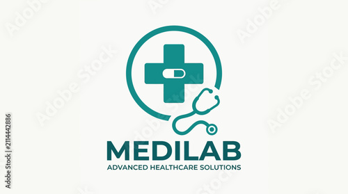 Medical Laboratory Logo with Stethoscope and Cross Symbol.