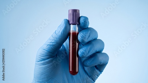 Blue gloved hand holding blood sample tube against a clean light background, medical laboratory diagnostics, blood testing and healthcare analysis