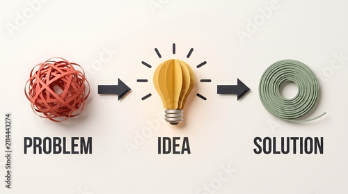Creative problem solving process using papercraft art to show a tangled string becoming a bright idea and neat solution roll