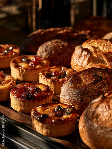 Glazed fruit tarts and freshly baked bread