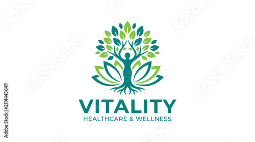 Vitality Healthcare and Wellness Logo with Tree and Human Figure.