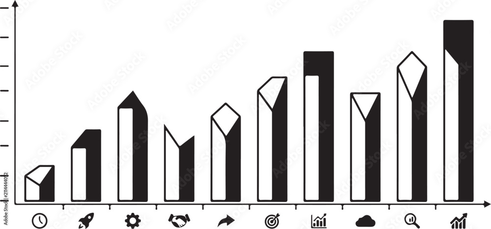 Obraz premium Minimalist business bar chart with growth icons, black and white financial data visualization vector, professional corporate infographic elements isolated on Transparent Background